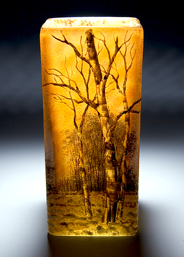 Nr.: 154, Already sold : glass art made by van Daum Nancy, Description: Glass Vase, Height 12 cm width 5,6 cm, period: unknown, Winter Scene, 